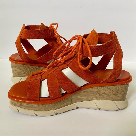 Sorel Joanie III Lace Up Wedge Sandals Orange Suede 70s Style Women’s 11 - Picture 7 of 16